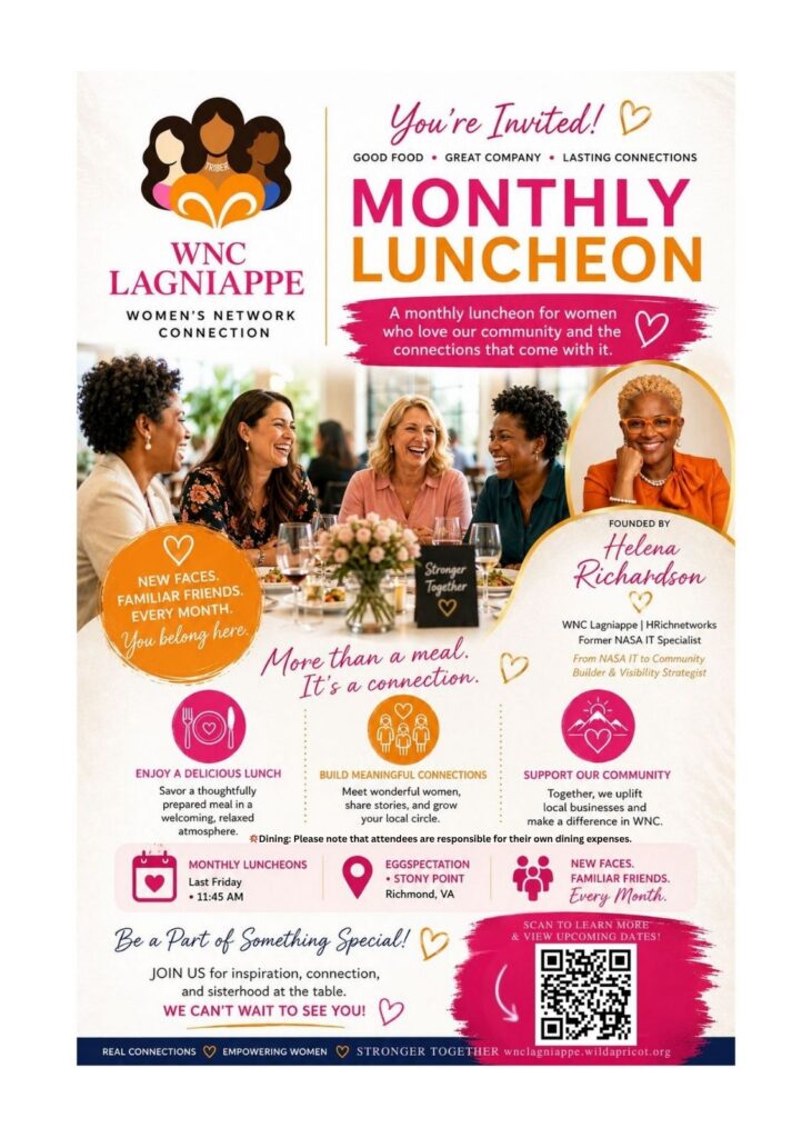 WNC Lagniappe Monthly Luncheon flyer for Helena Richardson’s women-centered networking community