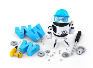 Robot with WWW sign. Website building or repair concept