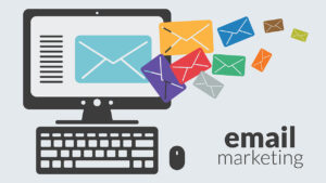 Business computer with email marketing. Vector online advertisin