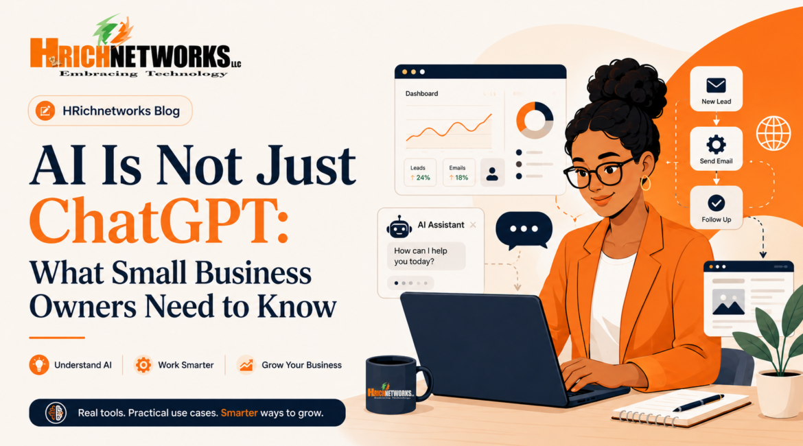 AI business tips graphic for small business owners explaining that AI is more than ChatGPT, with HRichnetworks branding.
