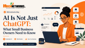 AI business tips graphic for small business owners explaining that AI is more than ChatGPT, with HRichnetworks branding.