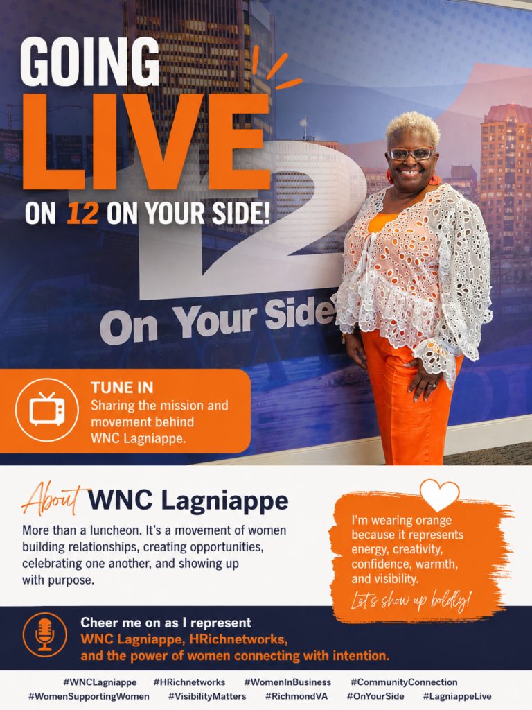 Promotional flyer for WNC Lagniappe featuring Helena Richardson announcing a live appearance on 12 About Town / On Your Side.