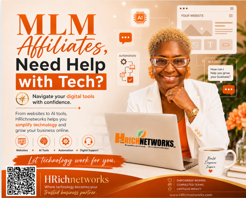 HRichnetworks promotional graphic for MLM affiliates needing help with websites, AI tools, automation, digital support, and technology strategy.