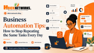 HRichnetworks blog graphic about business automation tips for small business owners, showing how repeated tasks can become simple workflows.